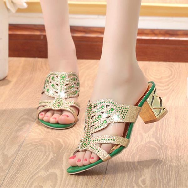 

slippers rhinestone thick heel ladies sandals word hollow fish mouth open toe high large size and women, Black