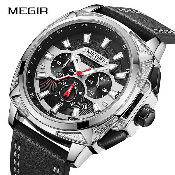 

wristwatches megir watches mens sports fashion luminous clock waterproof leather strap military quartz male relogio masculino, Slivery;brown