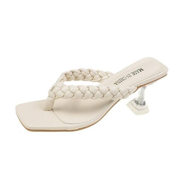 

slippers women's high-heeled wine glasses with square toe woven flip flops 2021 summer korean shoes, Black