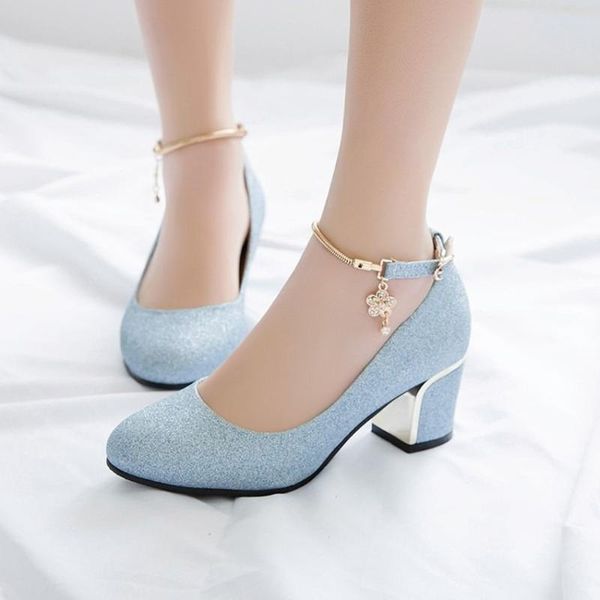 

women wedding high heel shoes silver blue 2021 spring ankle strap crystal shallow chunky block pumps lady plus size dress, Black