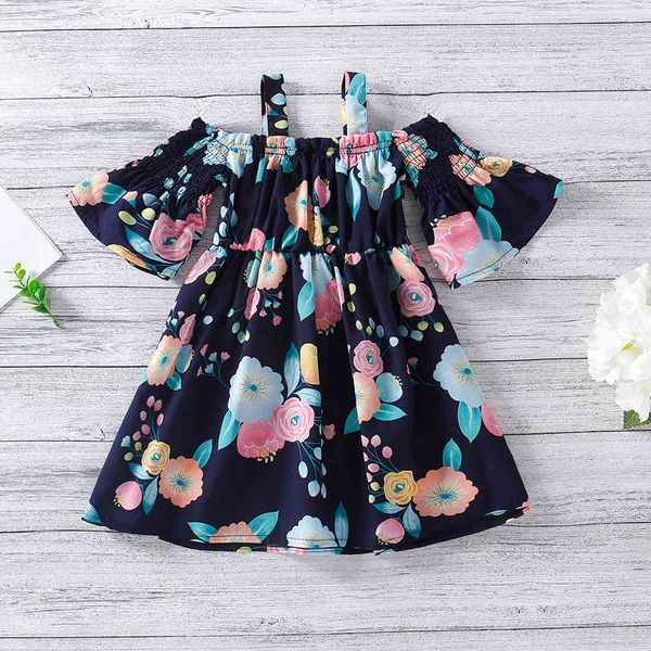 

fashion one-shoulder sling print waist children's dress trumpet sleeve girls clothes summer 210515, Red;yellow