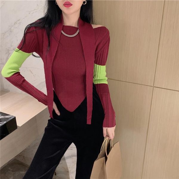 

women's sweaters spring and autumn design sense halter neck irregular long-sleeved contrast color print patchwork thin bottoming sweate, White;black
