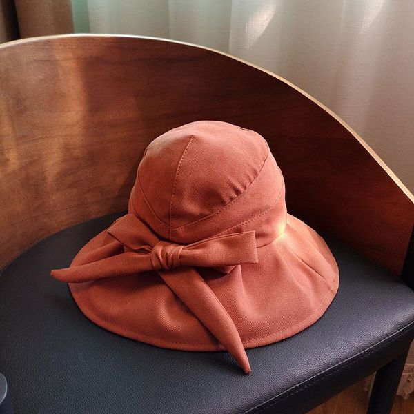 

korean style fisherman cap women bowknot spring summer pure color lovely sunscreen cotton simple caps wide brim hats, Blue;gray