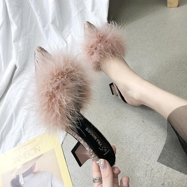 

fur shoes cover toe slippers women summer shallow loafers thin heels luxury slides pantofle med plush pointed designer 2021 pu c, Black