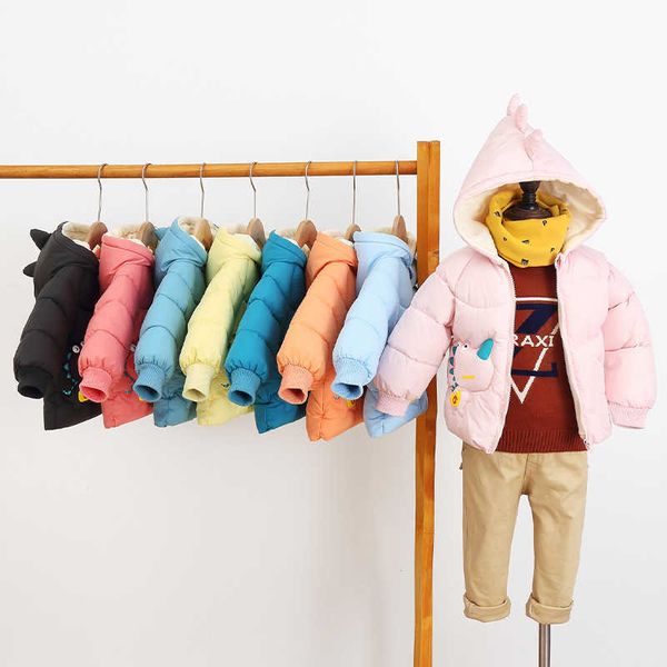 Crianças Down Outerwear 2021 New Outono Inverno Bebê Menina Roupas Dos Desenhos Animados Miúdos Engrossar Jaqueta Quente Meninos Dinossauro Casaco Com Capuz 2-6T H0910