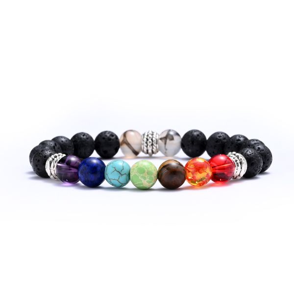 

7 chakras strands bracelet 8mm lava rock bead chain bracelets healing balancing round beads jewelry, Black