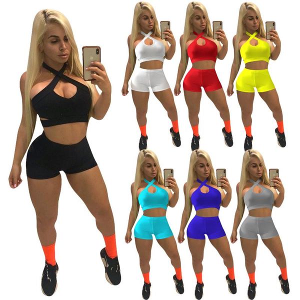 

women's tracksuits vest tank suit women halter neck jacket shorts tight sports casual two piece set solid color summer sleeveless outfi, Gray