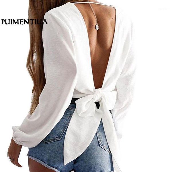 

women's blouses & shirts puimentiua women backless bandage bow long sleeve v-neck cropped female white elegant office lady blusa