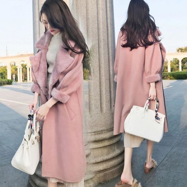 

thickened and cotton woolen coat medium long 2021 winter new over knee collar women, Black