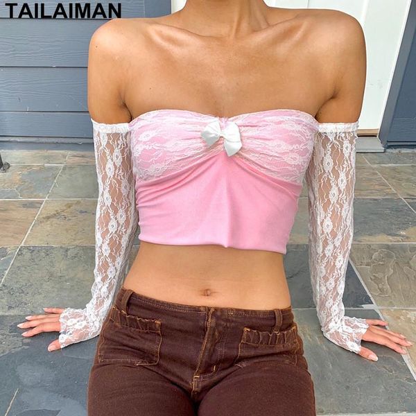 

women's t-shirts fashion pink girly style bow stitching one-shoulder lace wrap chest small vest girl streetwear tanks & camis, White