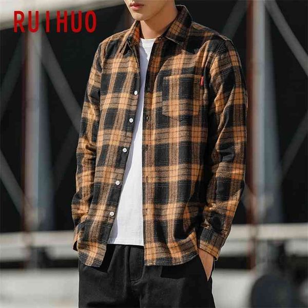 

ruihuo casual plaid shirt men slim fit cotton wool male long sleeve shirts fashion brand plus size -3xl spring 210626, White;black