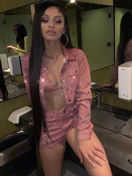 

women's tracksuits fashion women sparkling bra+shorts+jacket 3 piece set pink glitter club wear outfit street party sets clothes, Gray