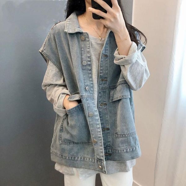 

women's vests denim vest women sleeveless washed blue black pockets waistcoats single breasted casual loose lapel tank teens coats, Black;white