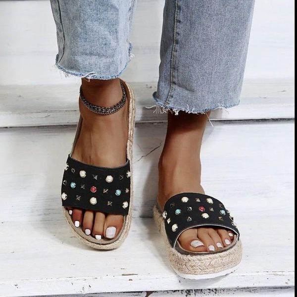 

fashionable and versatile simple vamp rhinestones rivets embellishment trendy thick-soled home women's shoes women's slippers, Black