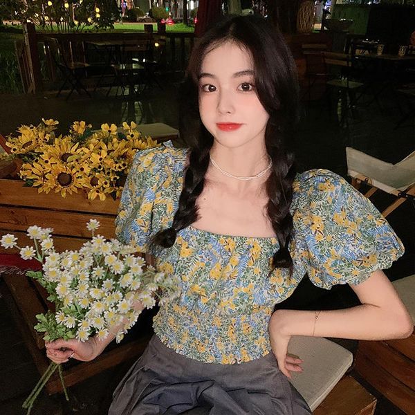 

women's blouses & shirts large size women 's square collar floral short sleeve shirt retro hong kong style puff chiffon fashion ca, White