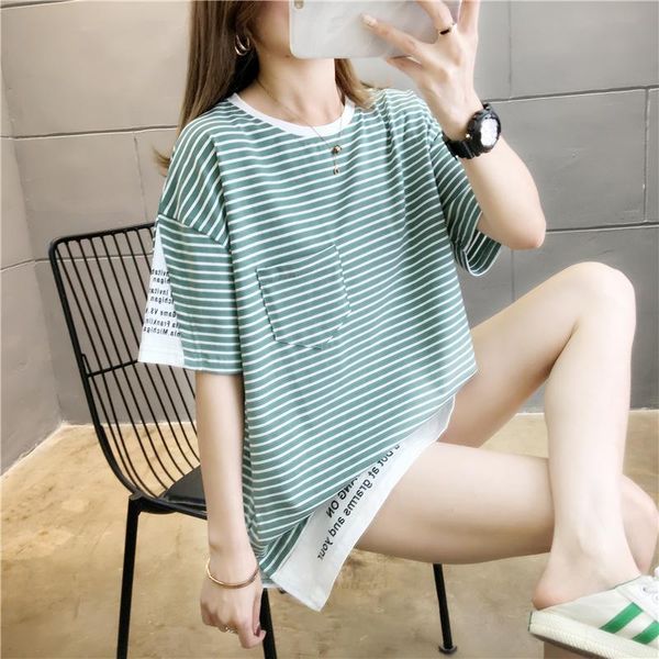 

summer t-shirt cotton striped stitching fake two-piece short-sleeved letter printing round neck women women's, White