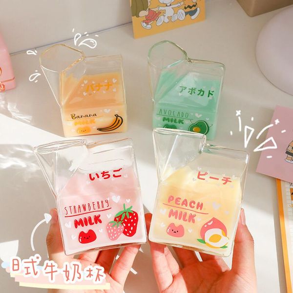 

wine glasses 380ml 7x9cm square milk carton glass cup cute strawberry creative breakfast for home portable student transparent cups