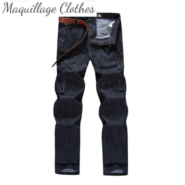 

men's cargo casual jeans pants multi pockets loose straight denim trousers for male plus size 29-44, Blue