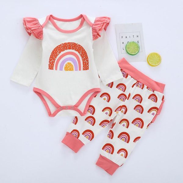 

clothing sets 3m-24m infant born baby girl rainbow print sleeve romper long +pants outfits clothes vetement fille, White