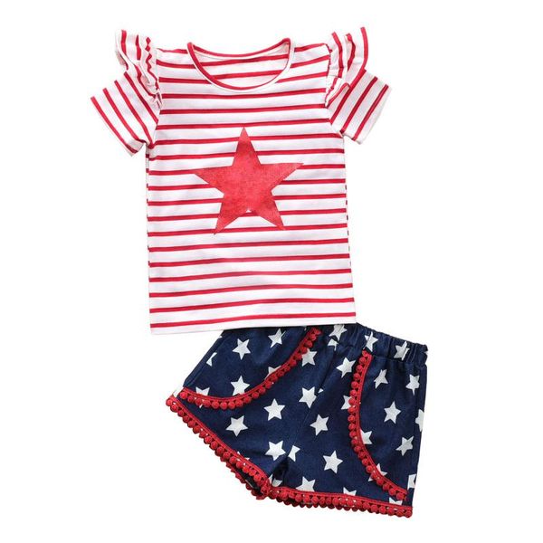 

baby independence day short sleeve shorts five-pointed star stripe printing fur ball decoration clothing sets, White