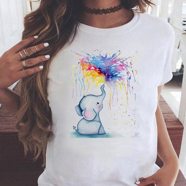 

women's t-shirt women t-shirts elephant cute 90s watercolor short sleeve graphic print female fashion cartoon summer t shirt tee, White