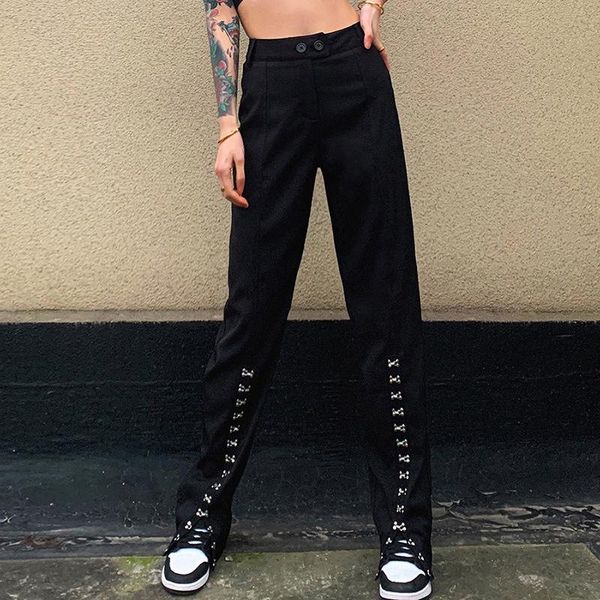 

indie baggy women adjustable split straight harajuku y2k pants button high waist fashion solid black casual trousers women's & capris, Black;white