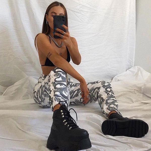 

women's pants & capris summer oriental vintage chinese style women dragon pattern white high waist ankle-length jogger exercise sweatpa, Black;white