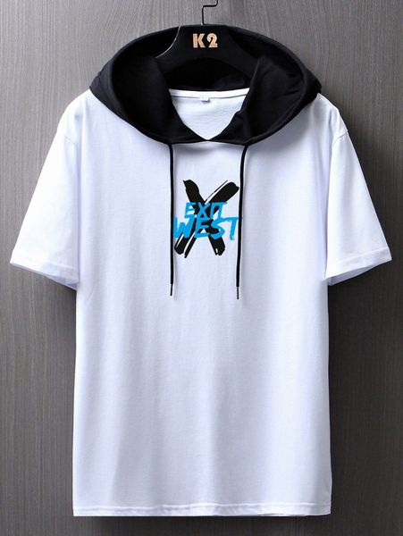 

men letter graphic color block drawstring hooded tee a5ix#, White;black
