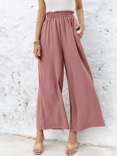 

simplee frill elastic waist wide leg pants i8o2#, Black;white