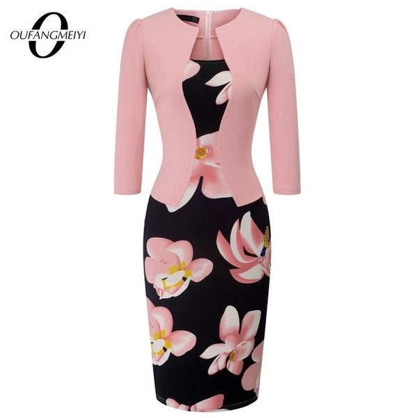 

women autumn elegant one-piece formal business floral printed vintage plus size lady work office bodycon pencil dress eb237 210323, Black;gray