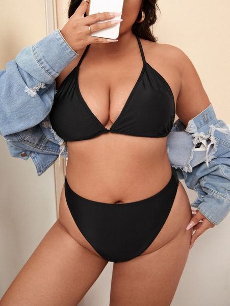 

plus plain halter triangle high waisted bikini swimsuit 777l#, Black