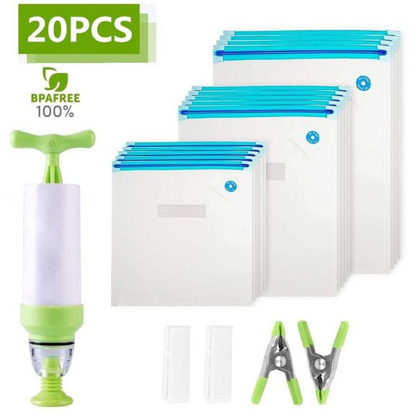 

17/20pcs vacuum sealer bags kit reusable food storage wrap ziplock bag containers with hand pump clips home storages