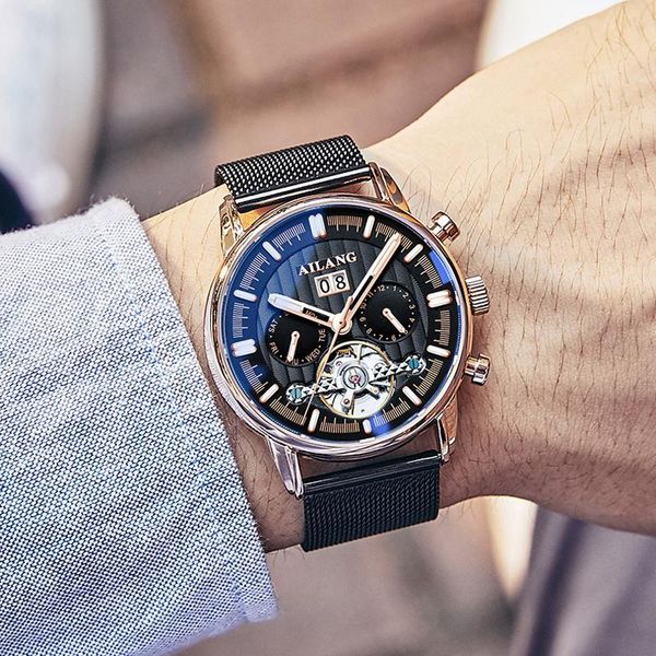 

wristwatches ailang automatic stainless steel men's hollow mechanical watch tourbillon luxury luminous calendar waterproof business, Slivery;brown