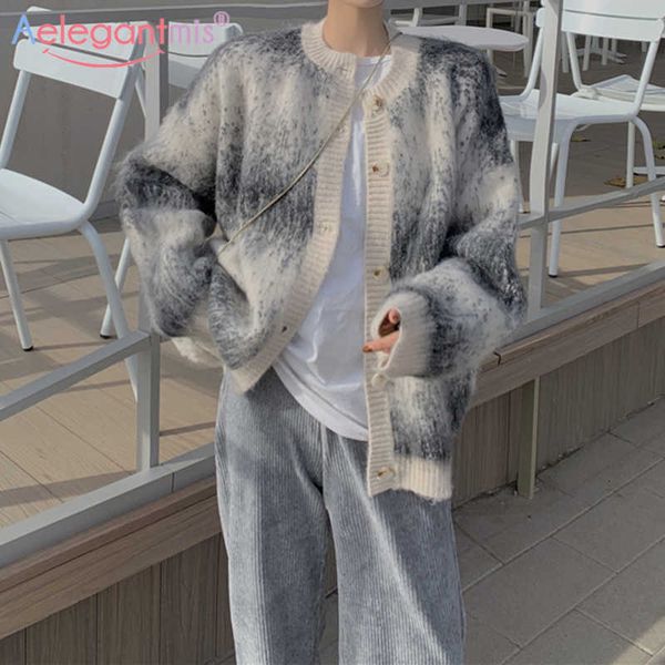 

aelegantmis tie dye oversized sweater cardigan women loose cozy knitted sweet korean coats casual warm elegant soft jumpers chic 210607, White