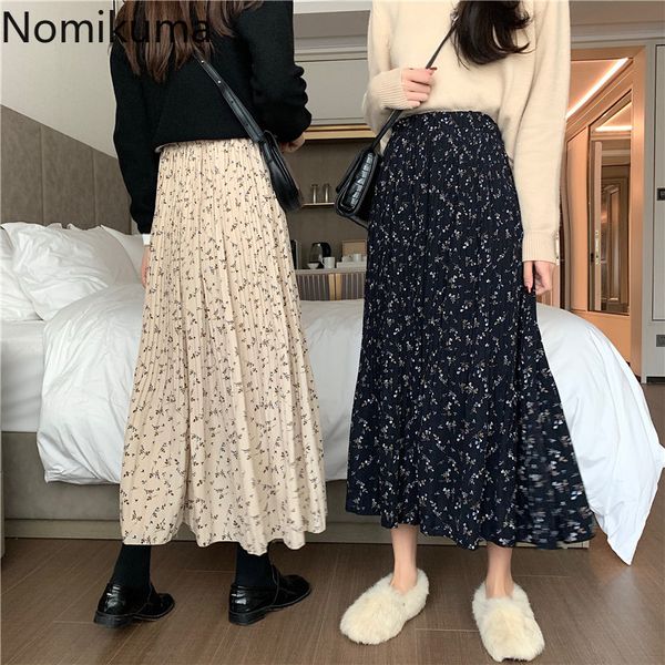 

nomikuma high waist skirts women casual vintage floral printed a line skirt female korean style all-match arrival faldas 210514, Black