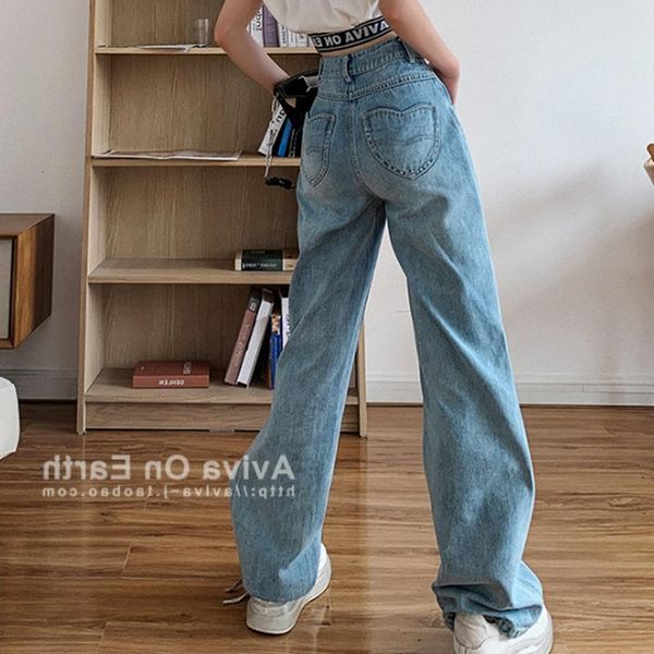 

women's jeans female summer y2k baggy wide leg fashion light blue love pocket loose casual straight thin hole denim trousers