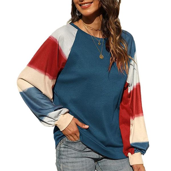 

women's blouses & shirts women color block t-shirt autumn loose casual patchwork pullover rainbow long sleeve round neck blouse, White