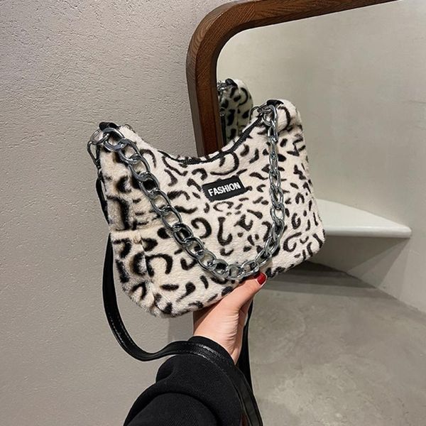 

evening bags women leopard print plush shoulder bag autumn winter casual handbags large capacity crossbody female chain messenger