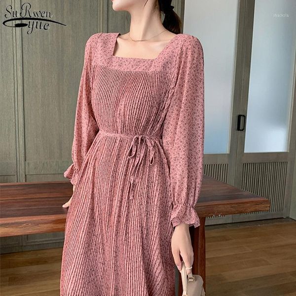 

casual dresses vinage polka dot printed a-line high waist pleated dress elegant women chiffon fashion french square collar vestidos 11183, Black;gray