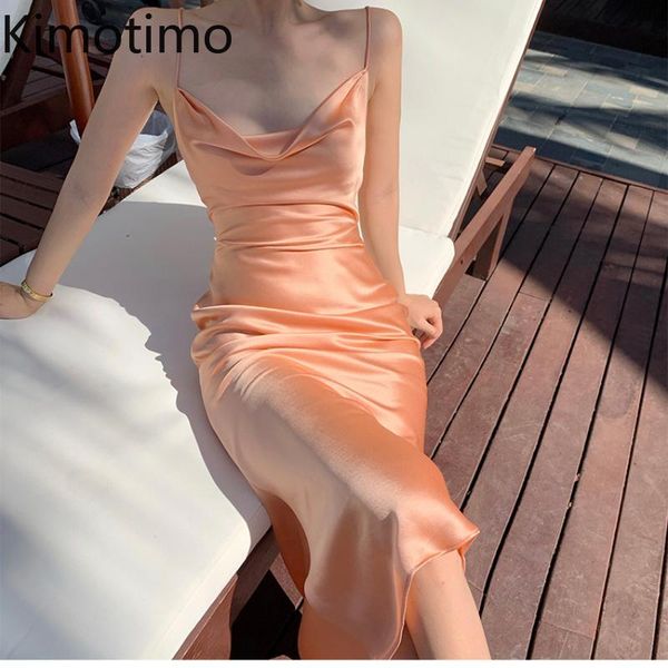 

casual dresses kimotimo french vintage satin dress female summer 2021 beach holiday style swinging collar slim long spaghetti strap, Black;gray