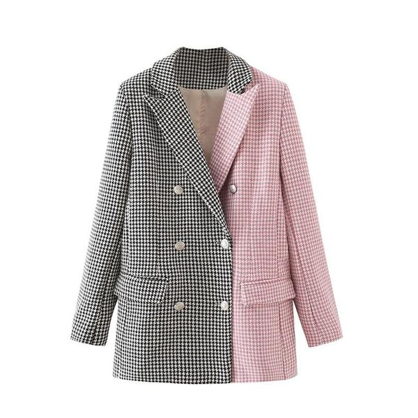 

women's suits & blazers 2021 autumn winte black pink houndstooth patchwork metal double breasted women casual long sleeve female jacket, White;black