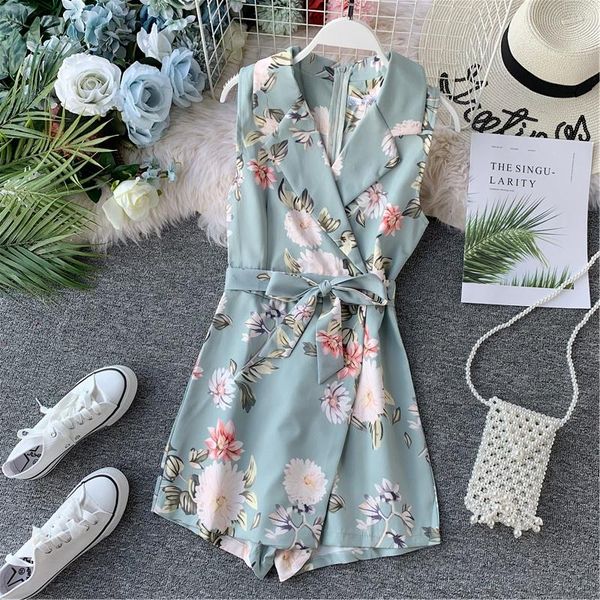 

women's jumpsuits & rompers abolin women beach floral print female 2021 summer short jumpsuit sleeveless overalls elegant office work p, Black;white