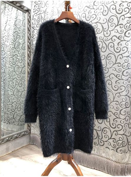 

fashion 2021 autumn winter cardigan jacket women mohair knitting pocket patchwork casual long coat cardigans lady, Black