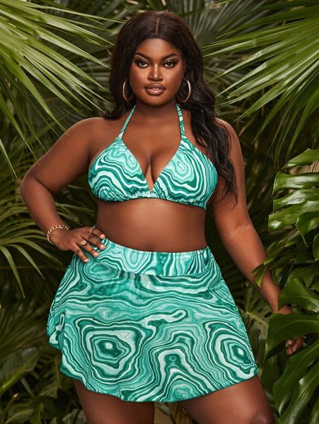 

3pack plus fluid pattern halter bikini swimsuit & beach skirt f49l#, Black