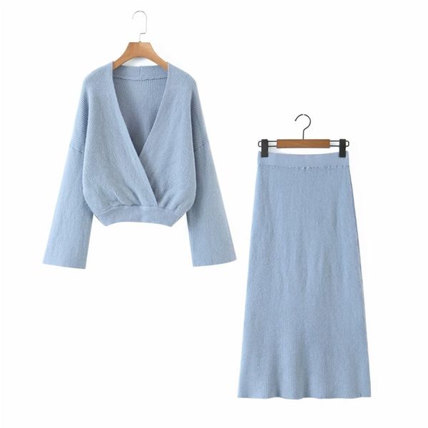 

women autumn knitting two-pieces sets suits v-neck pullover sweaters and elastic waist skirts female casual 2-piece set 210513, White