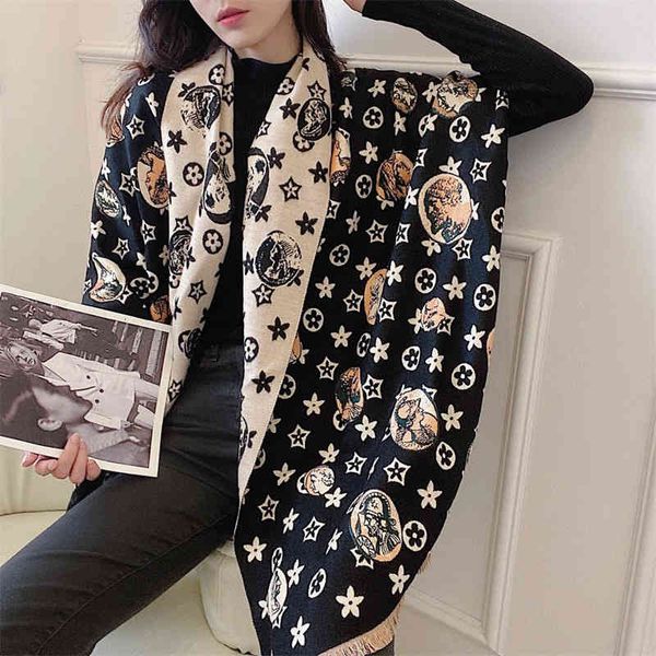 

shawl scarf female winter five pointed star pattern imitation cashmere warm bib live tape goods, Blue;gray