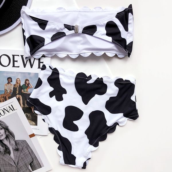 

2021 scalloped high wait women bandeau swimsuit female swimwear two-pieces bikini set cow print bather bathing suit swiming