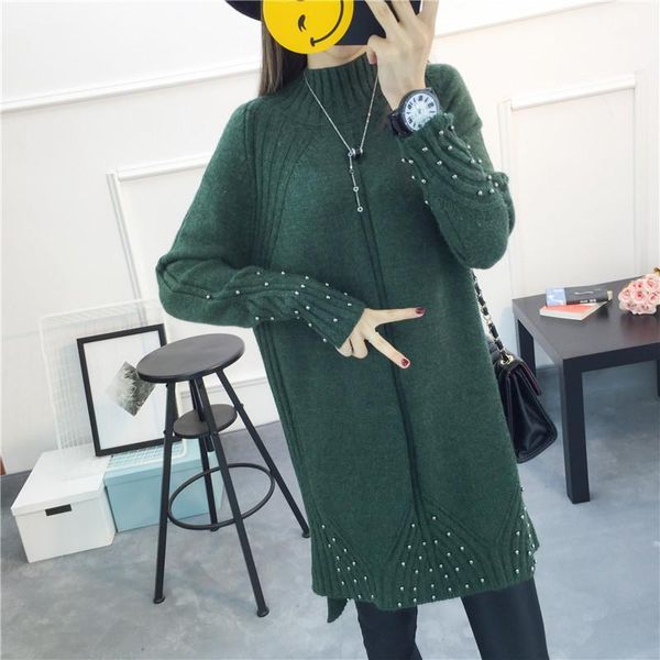 

women's sweaters autumn winter halfÂ turtleneck women pullover korean loose beading plus size mid-length knitwear ladies h885, White;black