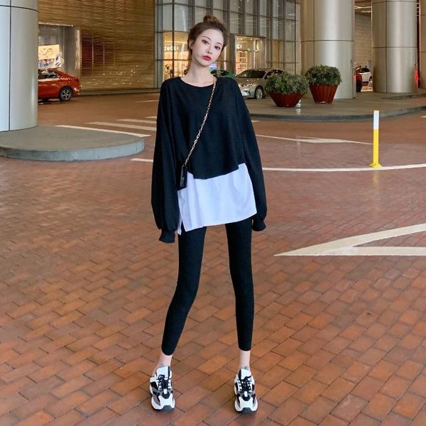 

women's hoodies & sweatshirts patchwork fake two pieces casual o-neck loose pullovers spring and autumn clothing fashion, Black