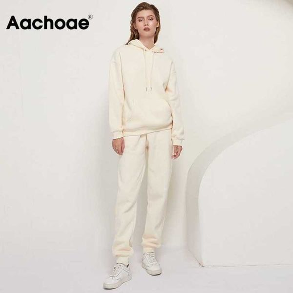 

aachoae solid 100% cotton suits women set fleece pullover hooded hoodies sweatshirts casual pants tracksuit plus size 210929, White